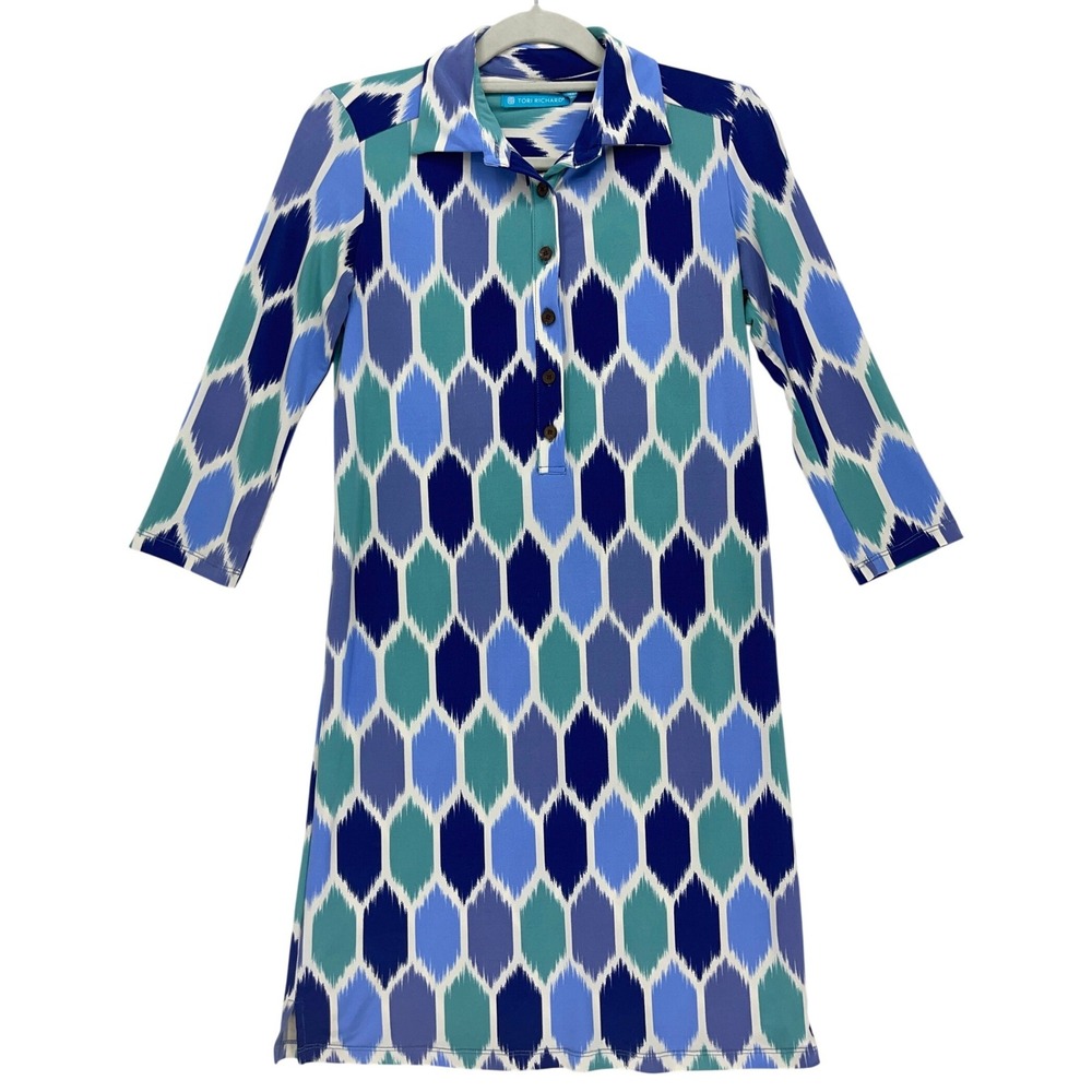 Tori Richard Blue Geometric Ikat 3/4 Sleeve Shift Dress Size XS Resortwear